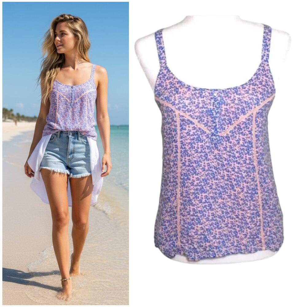 Vera Wang Crepe Top Wms's Sz S Blue Pink Ditzy Floral Halter Neck Lined Babydoll